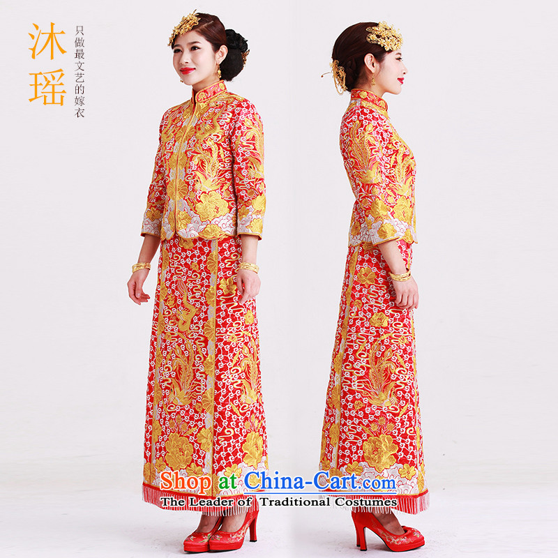 Bathing in the bride Big Five Yiu-su wo service use long-sleeved long dragon of Chinese women's ancient serving drink large marriage pregnant women 2 piece autumn and winter larger embroidery autumn and winter 0909 embroidery big five well S breast 84CM,