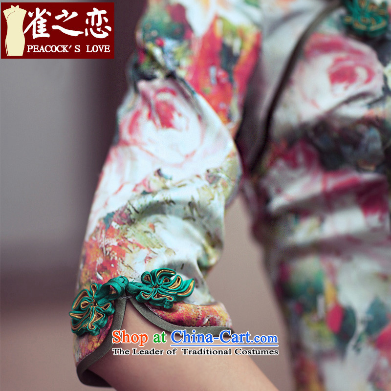 Love of birds and flowers impression of the new spring 2015) in the retro cuff improved stylish herbs extract silk cheongsam dress suit , L, love birds , , , shopping on the Internet