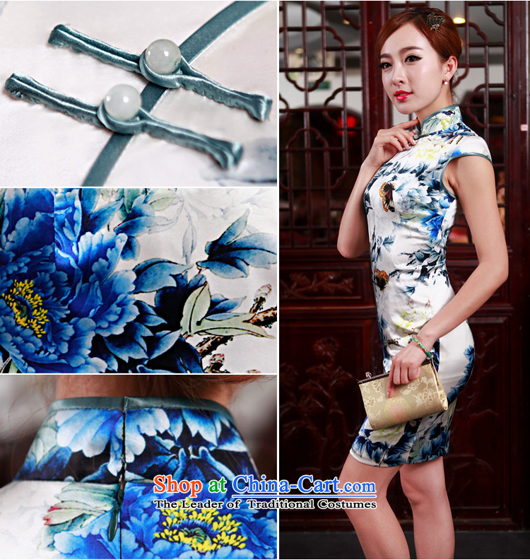 Love Poetry Of birds so 2015 Summer new improved stylish heavyweight Silk Cheongsam Blue on white flowers daily XL Photo, prices, brand platters! The elections are supplied in the national character of distribution, so action, buy now enjoy more preferential! As soon as possible.