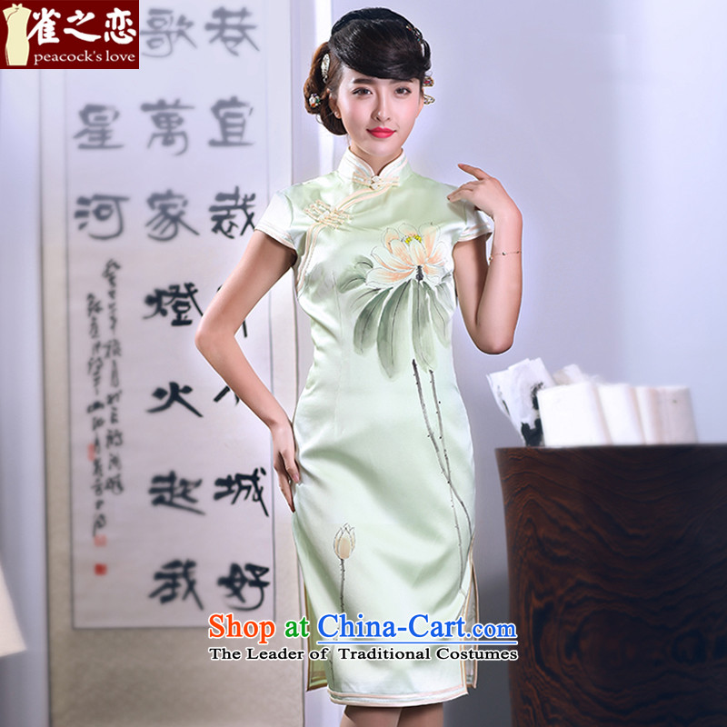 Love of birds compartment of the moment?by 2015 Spring New hand-painted lotus heavyweight Silk Cheongsam QD664 light green?S