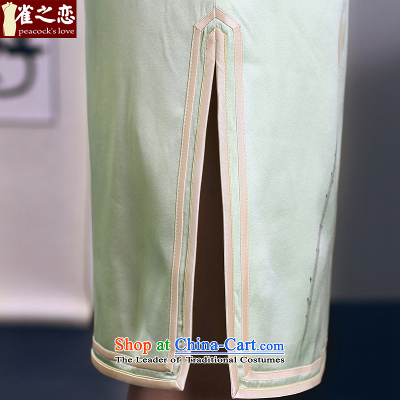 Love of birds compartment of the moment by 2015 Spring New hand-painted lotus heavyweight Silk Cheongsam QD664 light green S love of birds , , , shopping on the Internet