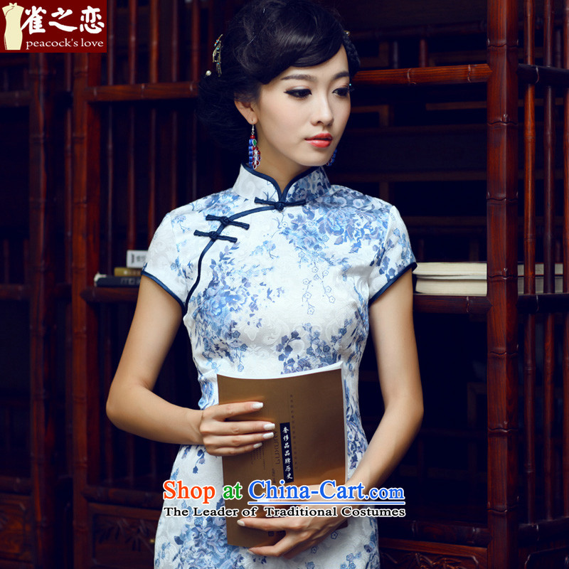 Love of birds porcelain?2015 Summer New Stylish retro elegant short of daily cheongsam dress blue-?L