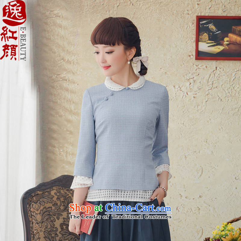 A Pinwheel Without Wind _ Fontainebleau-Barbizon new spring and autumn Yat_ Cuff Chinese Two kits of qipao shirt chiffon blouses blue?L