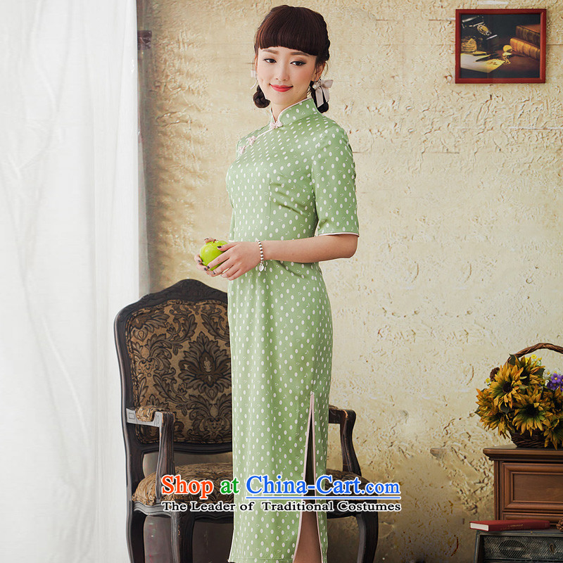 Il Lady Qin Yuan dot stamp long Silk Cheongsam improved retro herbs extract cheongsam dress the green XL, Yat Lady , , , shopping on the Internet
