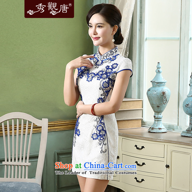 [Sau Kwun Tong] included improved chin qipao 2015 Summer New Stylish retro pearl embroidered dress QD5151 blue and white , Sau Kwun Tong shopping on the Internet has been pressed.