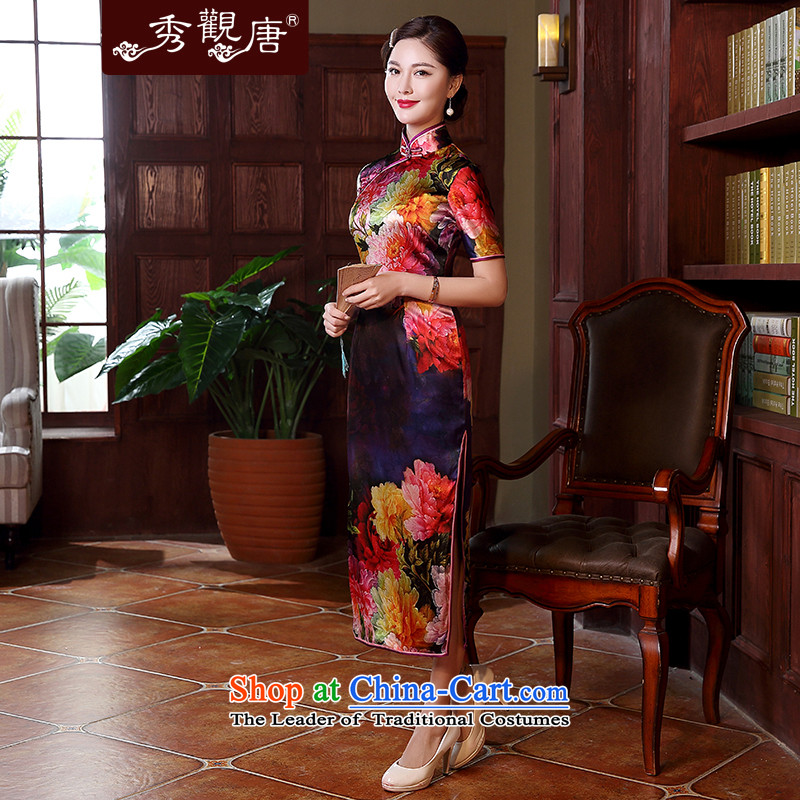 [Sau Kwun Tong] light SHANGHAI KING Silk Cheongsam high-end temperament in herbs extract Long of the forklift truck QD5119 dress suit XXL, Sau Kwun Tong shopping on the Internet has been pressed.