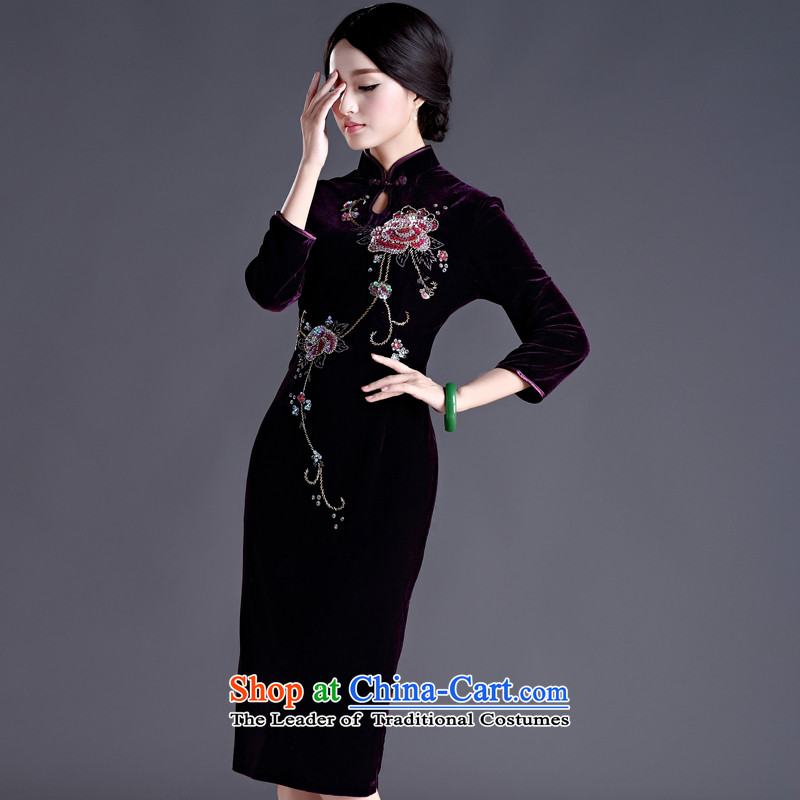 China Ethnic classic 2015 Spring new improvement in Chinese Antique manually staple-ju-cashmere cuff cheongsam dress female purple XL, China Ethnic Classic (HUAZUJINGDIAN) , , , shopping on the Internet