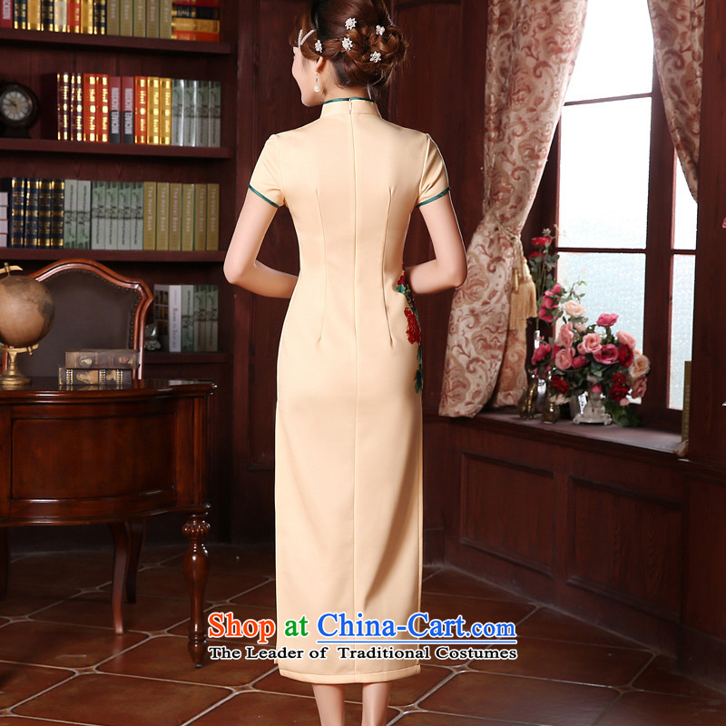 Morning new qipao land 2015 Spring Antique long Chinese cheongsam dress improved stylish and contemptuous of Mudan light yellow , L, morning land has been pressed shopping on the Internet