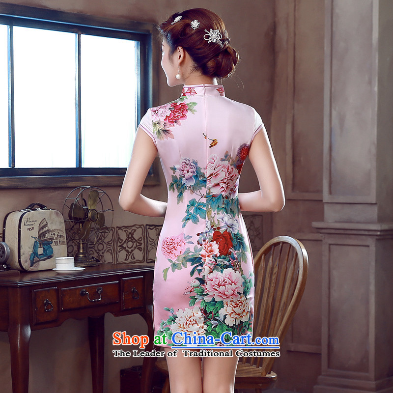 Morning new qipao land 2015 summer short of improvement and Stylish retro herbs extract Chinese Silk Cheongsam Peony Pink , L, morning land has been pressed shopping on the Internet