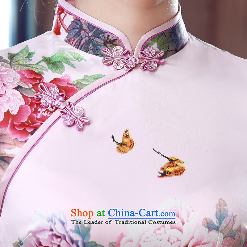 Morning new qipao land 2015 summer short of improvement and Stylish retro herbs extract Chinese Silk Cheongsam Peony Pink , L, morning land has been pressed shopping on the Internet