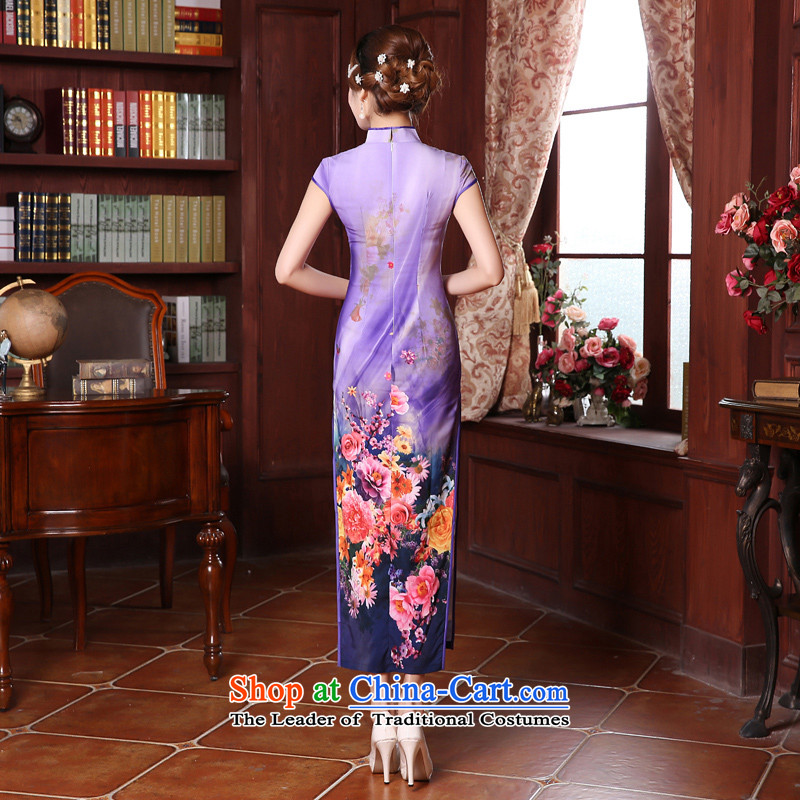 Morning new qipao Land summer retro long improved stylish herbs extract silk Chinese cheongsam dress Heather purple XL, morning land has been pressed shopping on the Internet