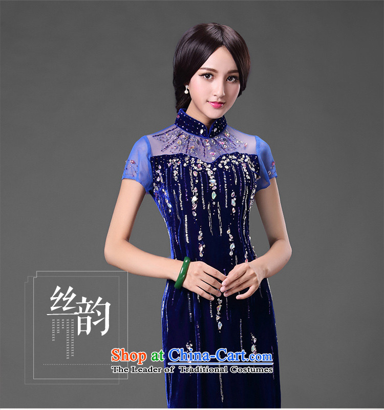 China Ethnic classic dark blue.. Stylish improvement * Long Kim scouring pads banquet qipao gown skirt mother dresses blue XXL picture, prices, brand platters! The elections are supplied in the national character of distribution, so action, buy now enjoy more preferential! As soon as possible.