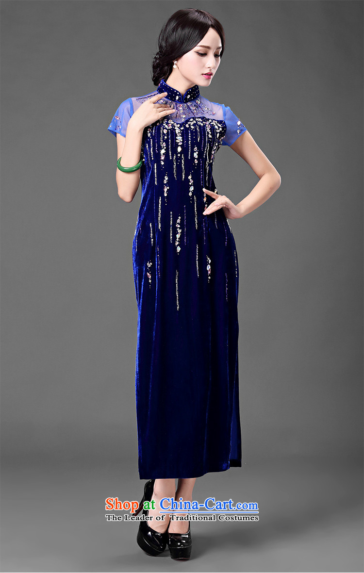 China Ethnic classic dark blue.. Stylish improvement * Long Kim scouring pads banquet qipao gown skirt mother dresses blue XXL picture, prices, brand platters! The elections are supplied in the national character of distribution, so action, buy now enjoy more preferential! As soon as possible.