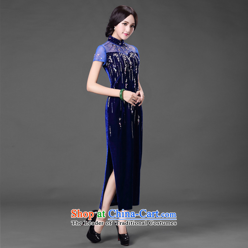 China Ethnic classic dark blue.. Stylish improvement * Long Kim scouring pads banquet qipao gown skirt mother dresses XXL, Blue China Ethnic Classic (HUAZUJINGDIAN) , , , shopping on the Internet