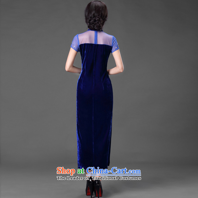 China Ethnic classic dark blue.. Stylish improvement * Long Kim scouring pads banquet qipao gown skirt mother dresses XXL, Blue China Ethnic Classic (HUAZUJINGDIAN) , , , shopping on the Internet