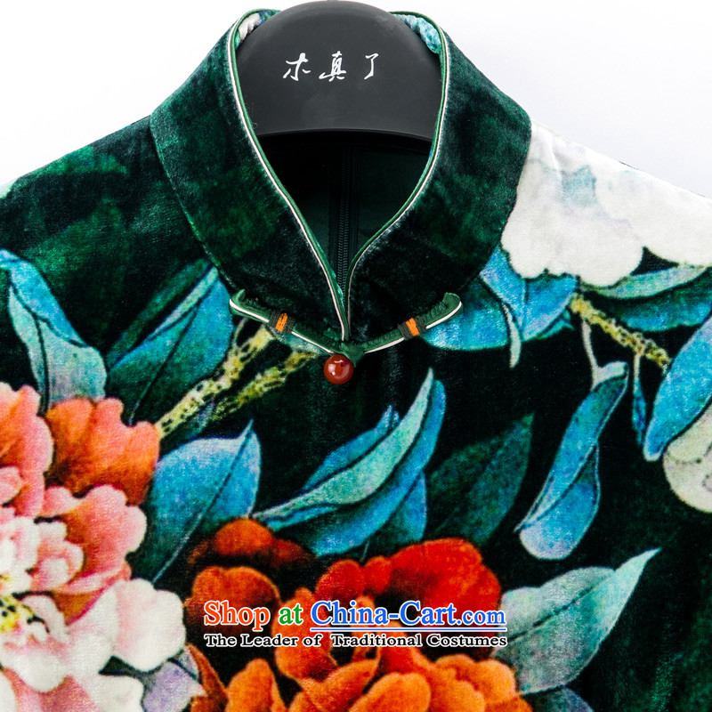 The women's true : 2015 Spring New Silk Velvet retro long qipao gown 21823 elegant Chinese 14 dark green wooden really a , , , XXL, shopping on the Internet