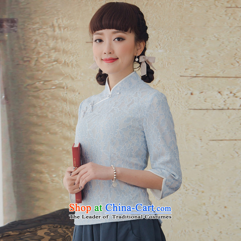 A Pinwheel Without Wind beginning July Yat-Tang dynasty cuff lace ethnic women 2015 new spring and autumn retro cheongsam blue T-shirt, April 24 times in the library , Yat Lady , , , shopping on the Internet