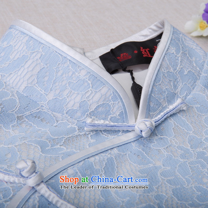 A Pinwheel Without Wind beginning July Yat-Tang dynasty cuff lace ethnic women 2015 new spring and autumn retro cheongsam blue T-shirt, April 24 times in the library , Yat Lady , , , shopping on the Internet