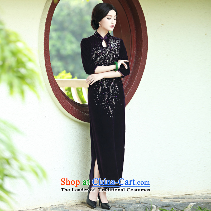 Middle-aged ladies wedding dress noble mother Kim velvet cheongsam long skirt improvement in spring and summer retro purple cuff XL, China Ethnic Classic (HUAZUJINGDIAN) , , , shopping on the Internet