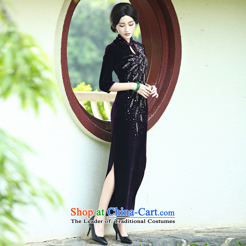 Middle-aged ladies wedding dress noble mother Kim velvet cheongsam long skirt improvement in spring and summer retro purple cuff XL, China Ethnic Classic (HUAZUJINGDIAN) , , , shopping on the Internet