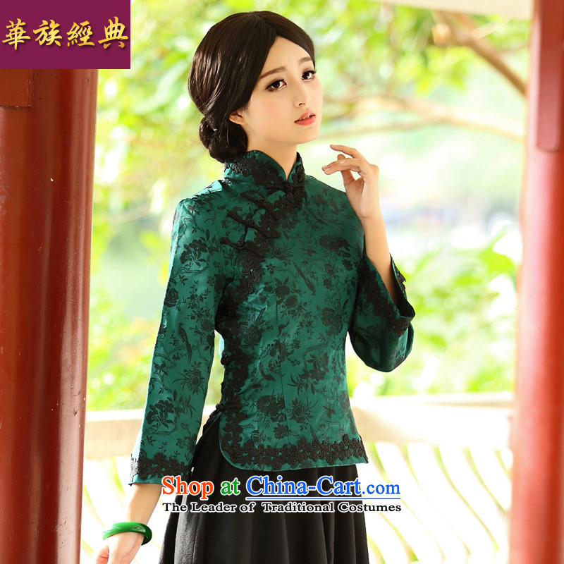 2015 spring outfits Tang Dynasty Chinese female retro shirt Han-improved long-sleeved jacket stylish Ms. ancient green?S