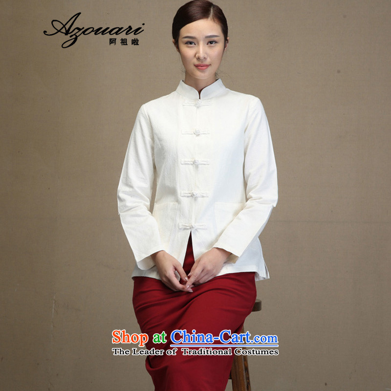 Azzu _azouari_ Defense Tang Dynasty Chinese improved long-sleeved T-shirt, Chinese tunic manually Chinese Cardigan linen female white jacket?S pre-sale 7 day shipping