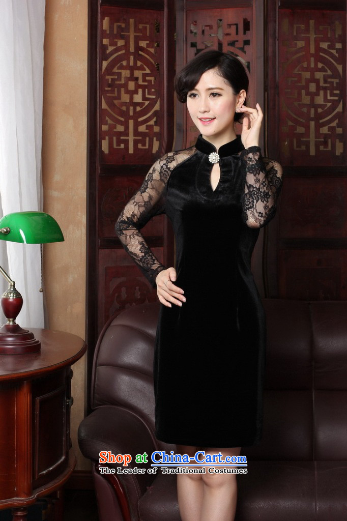 Floral spring and summer cheongsam dress manually staple pearl gold velour robes Mock-neck video wedding dresses thin temperament cheongsam dress black L picture, prices, brand platters! The elections are supplied in the national character of distribution, so action, buy now enjoy more preferential! As soon as possible.