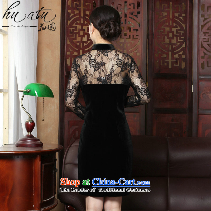 Floral spring and summer cheongsam dress manually staple pearl gold velour robes Mock-neck video wedding dresses thin temperament cheongsam dress black , L, floral shopping on the Internet has been pressed.