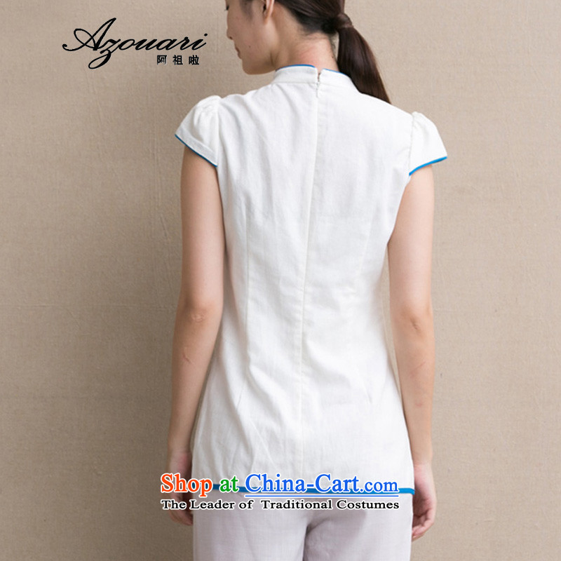 Azzu defense (azouari) Han-retro improved women's dresses cotton linen clothes comfort women Chinese Mock-Neck Shirt white color XXL, spell azzu AZOUARI () , , , shopping on the Internet
