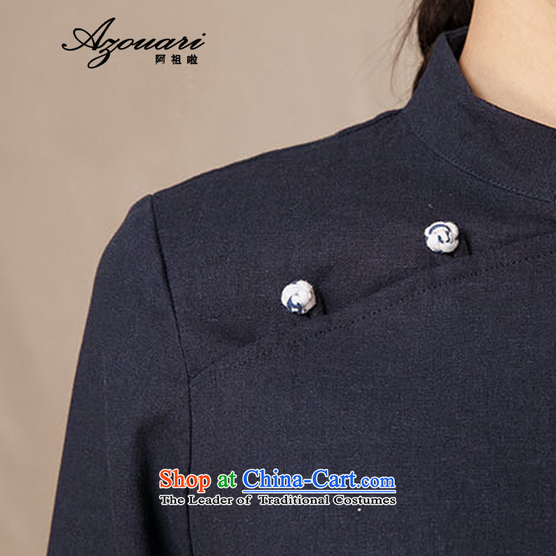 Azzu _azouari_ defense, comfortable cotton linen and women's seven Chinese qipao shirt-sleeves Tang blouses Tea House with female blue XL