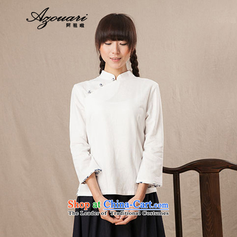 Azzu (azouari) defense, comfortable cotton linen and women's seven Chinese qipao shirt-sleeves Tang blouses Tea House with female blue XL, Azous (AZOUARI) , , , shopping on the Internet