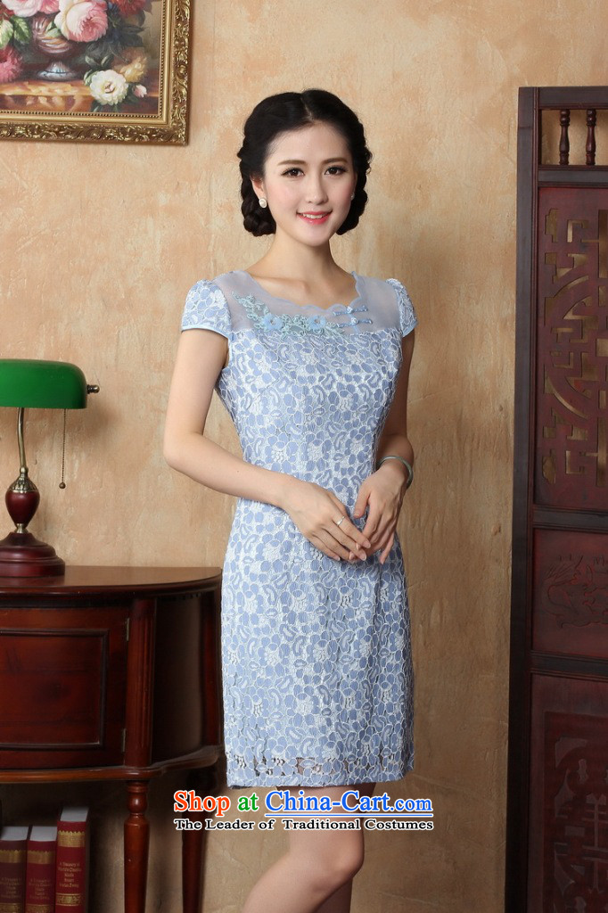 Dan smoke summer new women's day-to-day personal sense of beauty package and tight short, lace cheongsam dress suit small skirt light blue M picture, prices, brand platters! The elections are supplied in the national character of distribution, so action, buy now enjoy more preferential! As soon as possible.