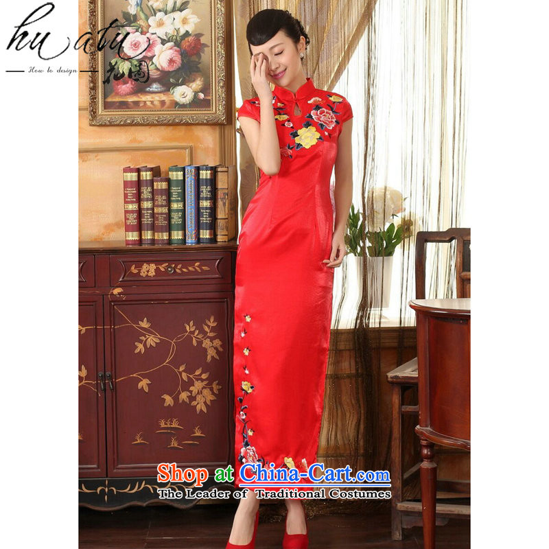 Figure qipao summer flowers female Chinese cheongsam dress collar embroidery video thin elegant brides Sau San long qipao gown red , L, floral shopping on the Internet has been pressed.