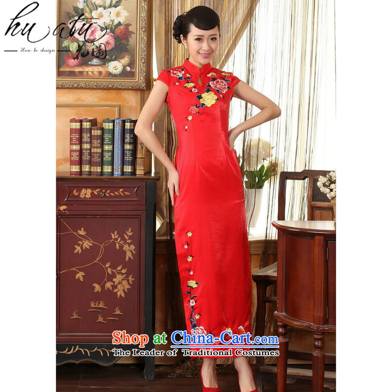 Figure qipao summer flowers female Chinese cheongsam dress collar embroidery video thin elegant brides Sau San long qipao gown red , L, floral shopping on the Internet has been pressed.