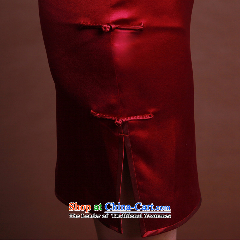 Well marmalade red Yat Silk Cheongsam, long-sleeved new embroidery cheongsam dress short of Chinese advanced customization deep red M 20 Day Shipping, Yat Fu (EFU) , , , shopping on the Internet