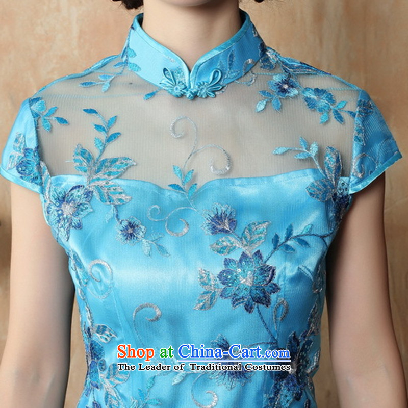 Take the new summer figure improved female cheongsam dress Stylish retro look like Chinese lace qipao gown of daily short 2XL, blue floral shopping on the Internet has been pressed.