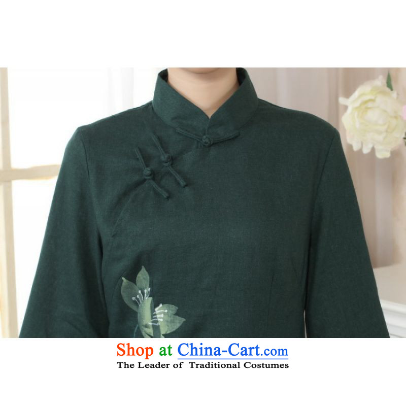 On female ipo optimize Tang Women's clothes summer shirt collar is pressed to hand-painted Chinese Han-cotton linen dress improved 2XL, Green, optimize options , , , Shanghai Online Shopping