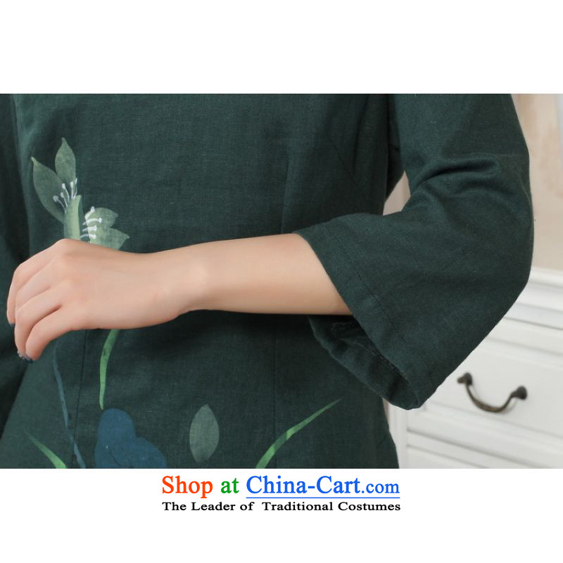 On female ipo optimize Tang Women's clothes summer shirt collar is pressed to hand-painted Chinese Han-cotton linen dress improved 2XL, Green, optimize options , , , Shanghai Online Shopping