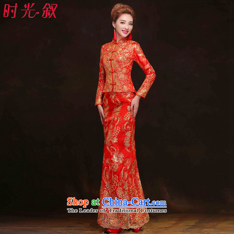 Time Syrian Chinese Wedding dress-soo qipao Wo Long service long-sleeved clothing bride qipao toasting champagne bows services?M