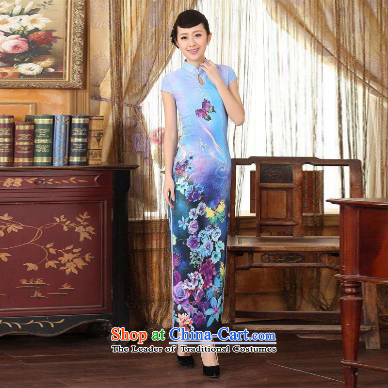 158 Jing Ms. Tang dynasty qipao Doi Fong water droplets collar short-sleeve long double qipao Sau San light blue?XL
