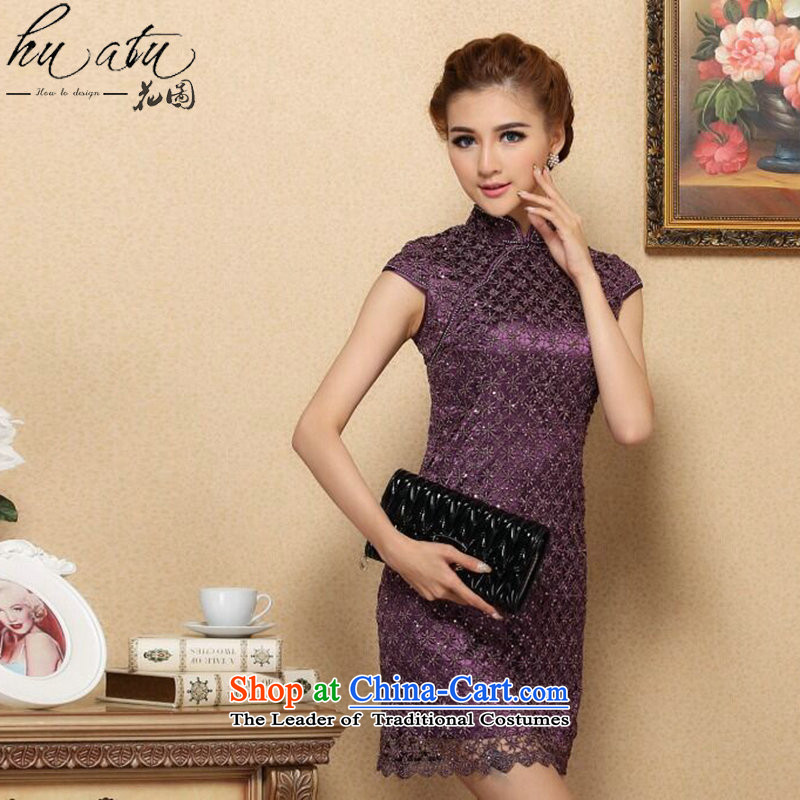 Figure qipao summer flowers new drill set manually CHINESE CHEONGSAM collar stylish improved water-soluble lace improved cheongsam dress purple S, floral shopping on the Internet has been pressed.