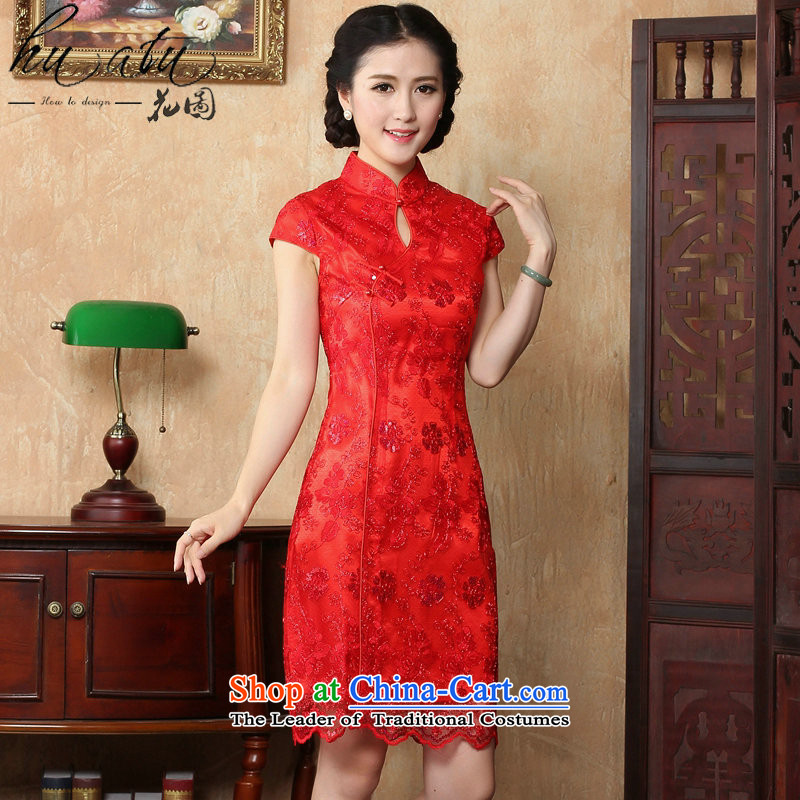 Floral red bride wedding dress qipao summer female Chinese antique flower embroidery short of qipao and improved noble red floral XL, , , , shopping on the Internet