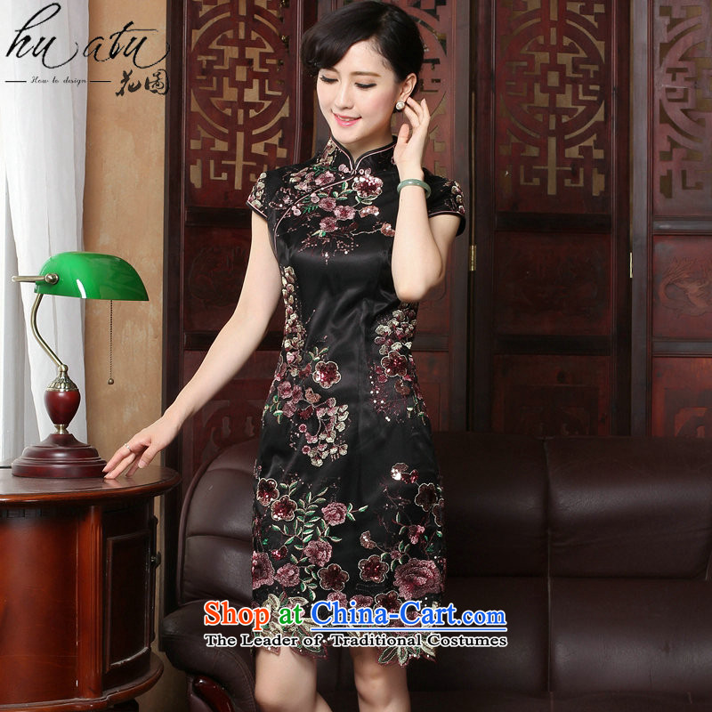 Figure for summer flowers new cheongsam Tang Women's clothes silk cheongsam dress suit Chinese creases improved national wind lace qipao figure color mosaic.... 3XL, shopping on the Internet