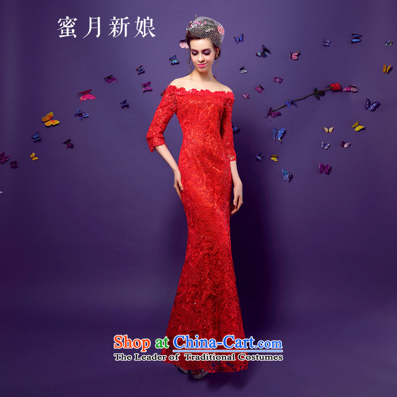 ?The spring of 2015, the bride honeymoon new female the word   Graphics thin lace toasting champagne shoulder cheongsam dress red red bows?L