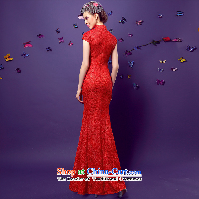   The spring of 2015, the bride honeymoon new women's Lace Embroidery Sau San long bows qipao gown red red marriage bride honeymoon XL, , , , shopping on the Internet