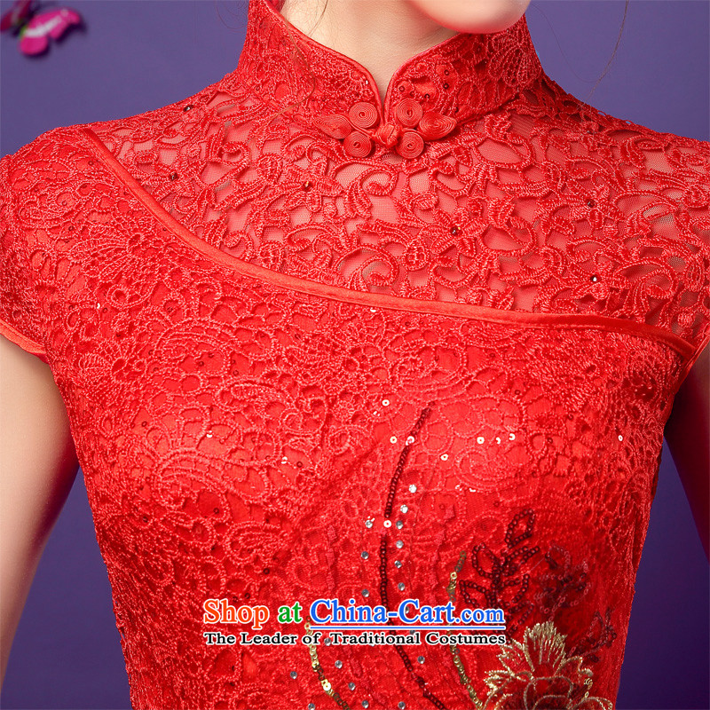   The spring of 2015, the bride honeymoon new women's Lace Embroidery Sau San long bows qipao gown red red marriage bride honeymoon XL, , , , shopping on the Internet