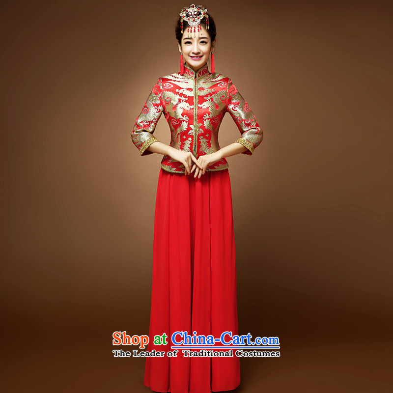 The privilege of serving the new 2015-Leung Chiu-red bride wedding dress Chinese long-sleeved qipao toasting champagne 7 Services Red?XL