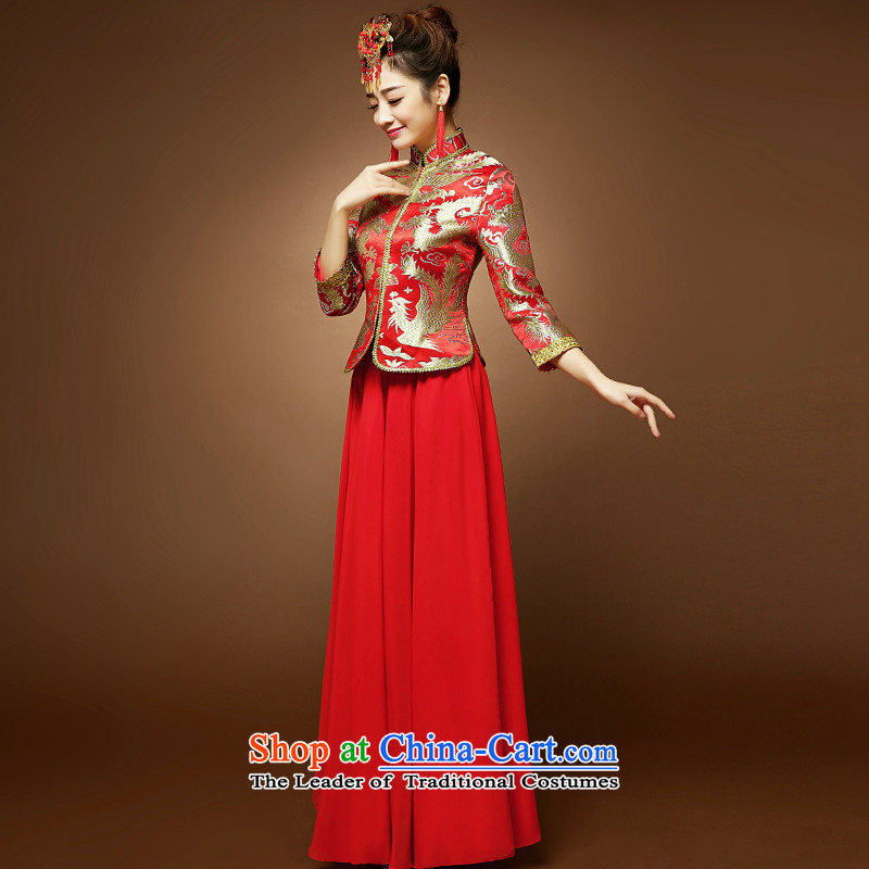 The privilege of serving the new 2015-Leung Chiu-red bride wedding dress Chinese long-sleeved qipao toasting champagne 7 red XL, a service Service-leung , , , shopping on the Internet