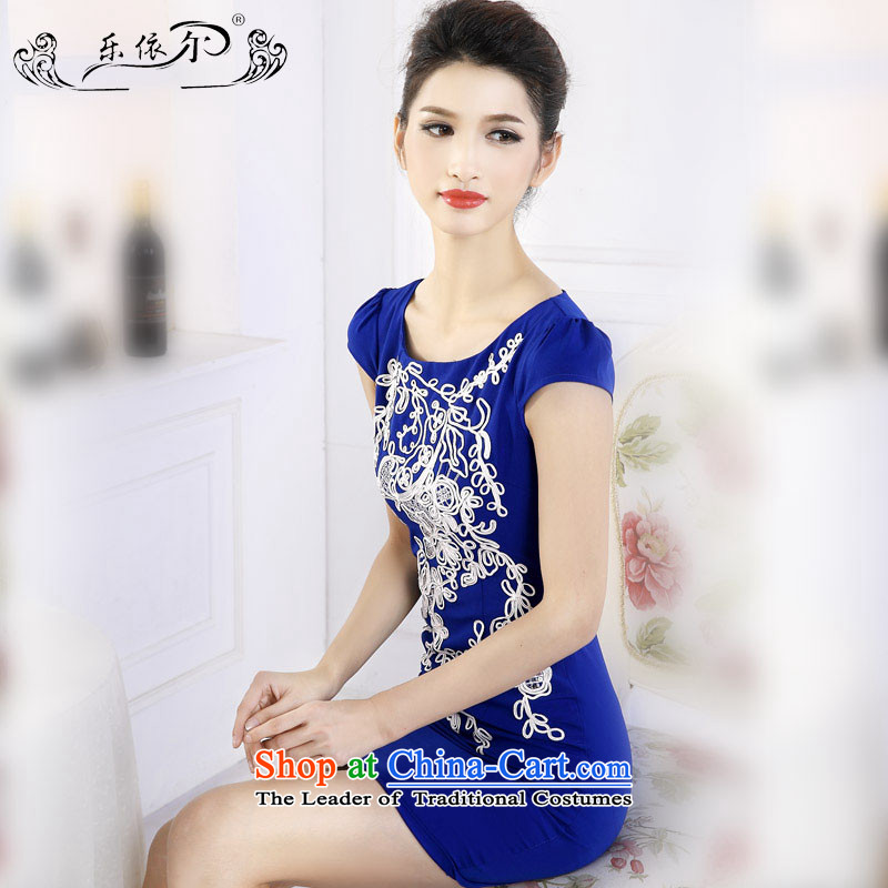 In accordance with the American female's blue qipao round-neck collar graphics package and ladies thin short cheongsam dress female?LYE66619?BLUE?L