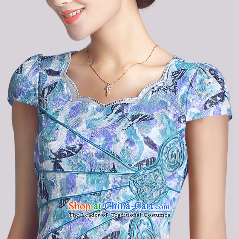 In accordance with the American's new blue qipao flower embroidery lady daily short cheongsam dress women Sau San LYE66623 apricot , L, in accordance with the (leyier Lok) , , , shopping on the Internet
